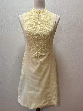 Vintage 1960s Yellow Lace Jabot Ruffle Dress ILGWU Tag Union Made Mod Shift